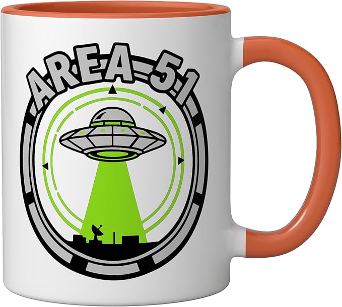 Area 51 UFO Alien Conspiracy Flying Saucer Design Ceramic Mug, Orange/White