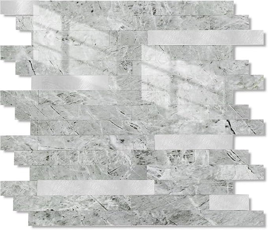 Yipscazo 1 Sheet Peel and Stick Stone Metal Tile Backsplash, Stick on Tiles for Backsplash Kitchen, Bathroom, Laundry Room, Camper, Fireplace (12'' X 12'', Polished Gray)