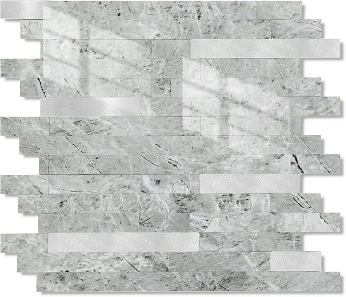 Yipscazo 5 Sheets Peel and Stick Stone Metal Tile Backsplash, Stick on Tiles for Backsplash Kitchen, Bathroom, Laundry Room, Camper, Fireplace (12'' X 12'', Polished Gray)