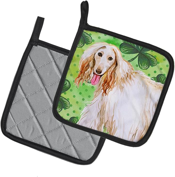 Caroline's Treasures BB9876PTHD Afghan Hound St Patrick's Pair of Pot Holders, Green Kitchen Heat Resistant Pot Holders Sets Oven Hot Pads for Cooking Baking BBQ, 7 1/2 x 7 1/2