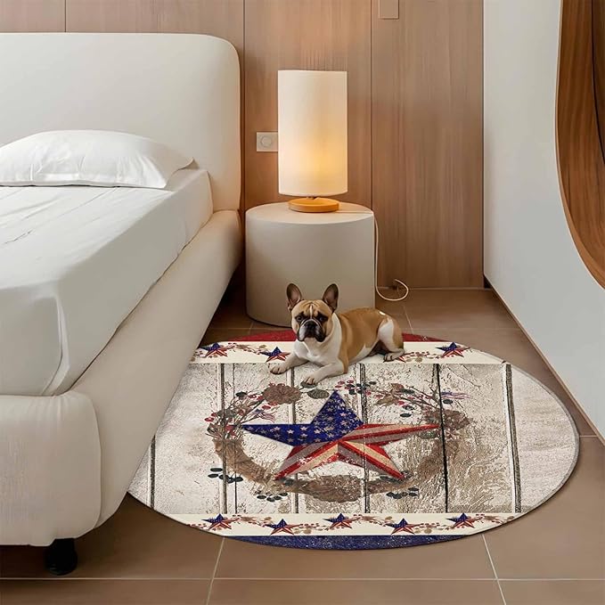 Washable Round Area Rug Retro USA Flag Star and Berry Circle Rugs Floor Carpet for Living Room Bedroom, Wooden Texture Soft Non Slip Round Rug 3ft