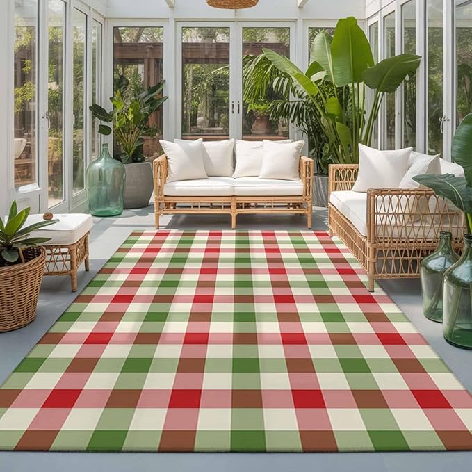 Area Rug 3x5ft, Vintage Pastoral Red Green Buffalo Gingham Washable Rugs for Living Room Bedroom, Christmas Plaid Soft Non-Slip Area Rugs Rectangle Floor Carpet for Dining Room