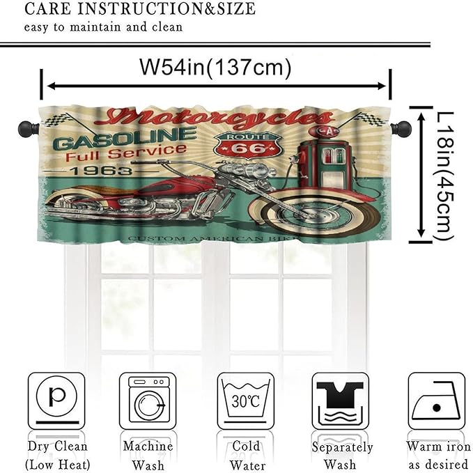 Retro Motorcycle Valance Curtain Vintage Classic Old Car Gas Station Rod Pocket Valance Window Treatments Short Curtains for Kitchen Bathroom Farmhouse Living Room Decor 54x18inch