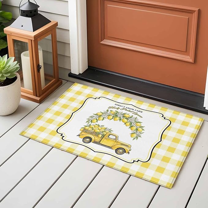 Area Rug 2x3ft, Farm Yellow Truck Lemon Fruit Washable Rugs for Living Room Bedroom, Flower Leaves Buffalo Plaid Soft Non-Slip Area Rugs Rectangle Floor Carpet for Dining Room