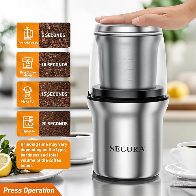 Secura Electric Coffee Grinder and Spice Grinder with Stainless Steel Blades, 1 Removable Bowl, Stainless