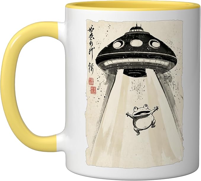 Ukiyo-e Style UFO Abducting Cute Frog Ink Art Painting Ceramic Mug, Yellow/White