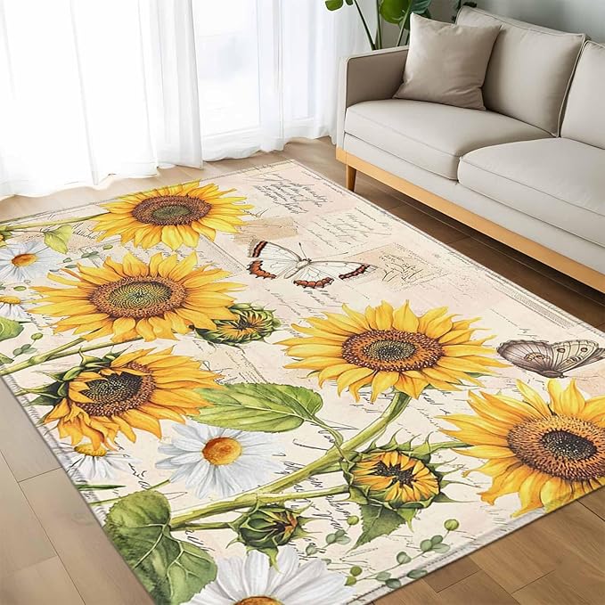 Sunflower Farmhouse 5x7 Area Rugs, Retro Floral Butterflies Non-Skid Rubber Backing Large Rectangle Rugs - Living Room Bedroom Home Office, Spring Summer Indoor Floor Mat Carpets Washable Rug