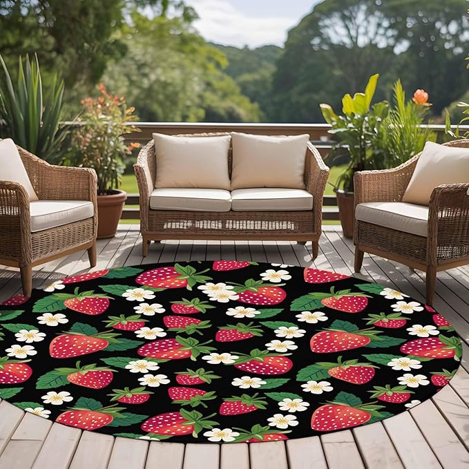 Washable Round Area Rug Red Strawberry Litter Flower Leaves on Black Circle Rugs Floor Carpet for Living Room Bedroom, Summer Fruit Soft Non Slip Round Rug 5ft