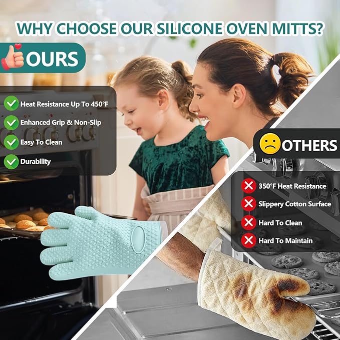 Silicone Oven Mitts Oven Gloves with Fingers 4 Pack, Oven Mitts Heat Resistant 450°F, Oven Mits Waterproof & Non-Slip, Cotton Lined for Kitchen, Home, Baking, BBQ(Green)