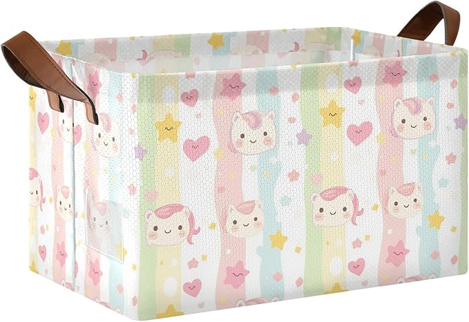 Collapsible Storage Baskets With Handles Cartoon Unicorn Lovely Stripes Medium Storage Box for Clothes Organizing Waterproof Foldable Storage Bins set of 2