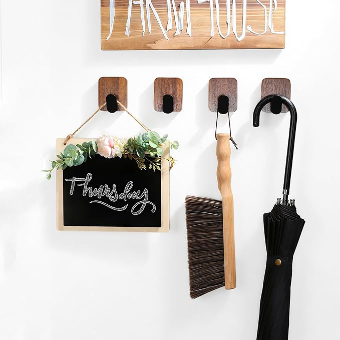 DELITON Wooden Wall Hooks, 4 Pack Acacia Adhesive Towel Hooks Sticky on Bathrooms, Kitchen, Entryway, Heavy Duty, Wall Decor