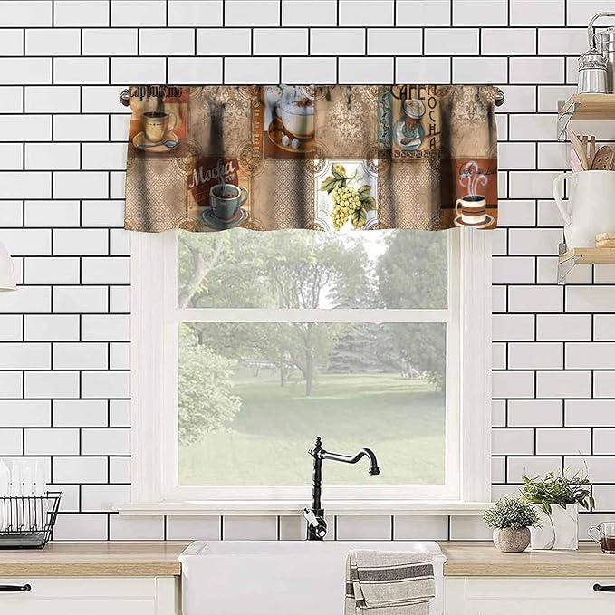 Retro Coffee Valance Curtain, Vintage Cappuccino Mocha Drinks Collage Short Window Drape for Cafe Kitchen Bedroom Dining Living Room Home Decoration, 54x18Inch