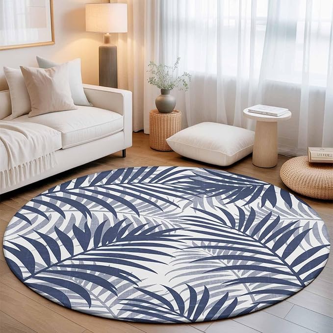 Washable Round Area Rug Abstract Navy Blue Palms Leaves Circle Rugs Floor Carpet for Living Room Bedroom, Summer Botantical Soft Non Slip Round Rug 5ft