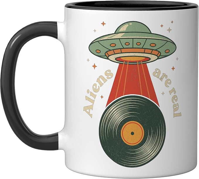 Vintage UFO Abduction Vinyl Record Player Retro Music Lover Ceramic Mug, Black/White