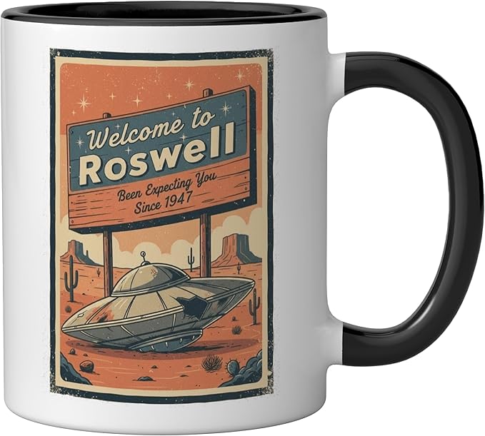 Roswell UFO Retro Tourism Souvenir Flying Saucer Crash Alien Ceramic Mug, Black/White