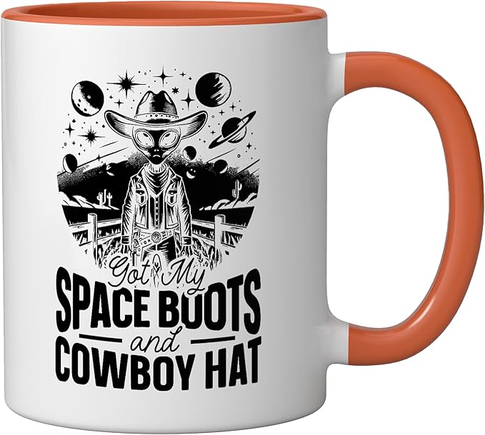 Alien Lover Flying Saucer UFO Extraterrestrial Cowboy Ceramic Mug, Orange/White