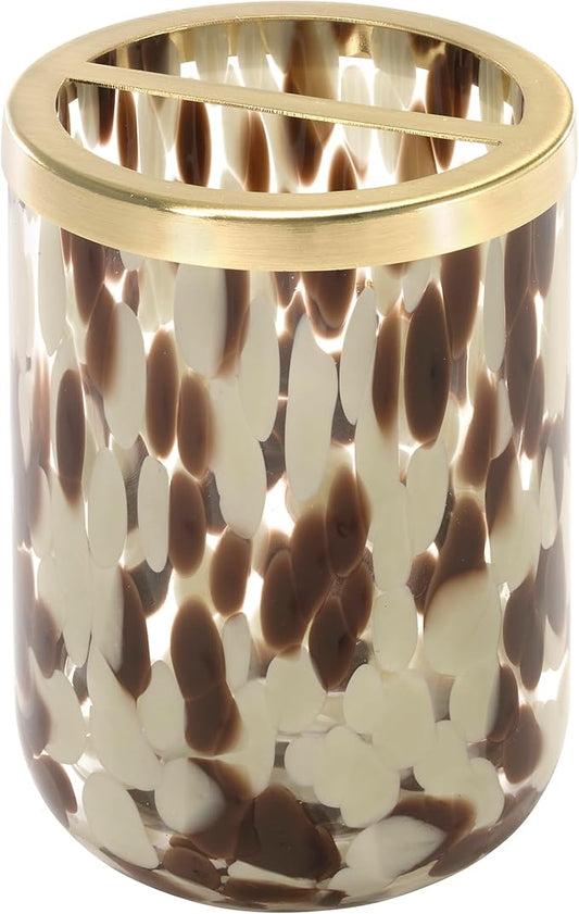 Nicole Miller – Toothbrush Holder, Weighted Glass with Animal Print Design and Gold-Tone Divider, Modern Home Decor – Perfect for Organizing Bathroom Essentials (Safari)