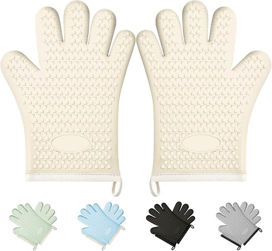 Silicone Oven Mitts Oven Gloves with Fingers, Oven Mitts Heat Resistant 450°F, Oven Mits Waterproof & Non-Slip, Cotton Lined for Kitchen, Home, Baking, BBQ, 2 Piece (White)
