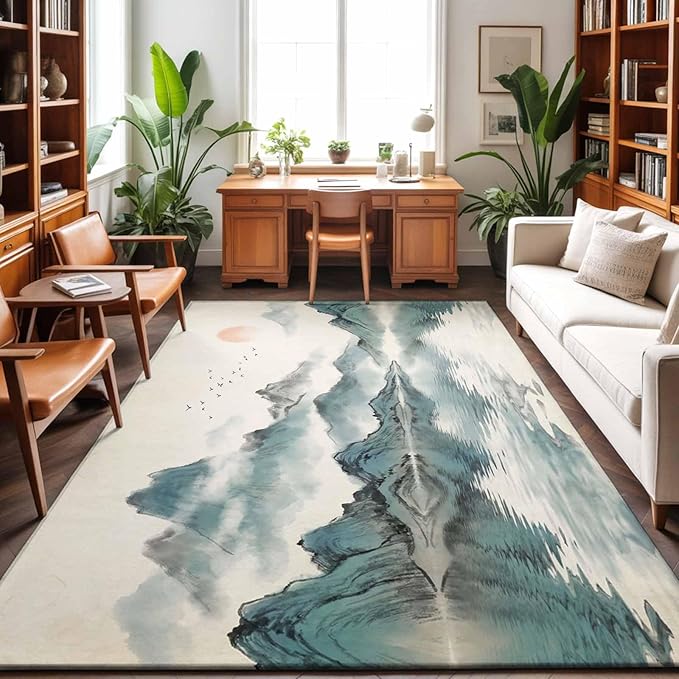 Area Rug 9x12ft, Chinese Zen Landscape Ombre Washable Rugs for Living Room Bedroom Rectangle Floor Carpet, Abstract Mountain Lake Soft Non-Slip Area Rugs for Dining Room