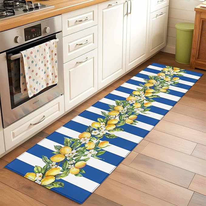 Runner Rug for Bedroom Hallway, Summer Lemon Green Leaves Watercolor Kitchen Runner Rugs Area Rug 2x6ft, Blue Stripe Washable Soft Floor Carpet for Entryway Stair