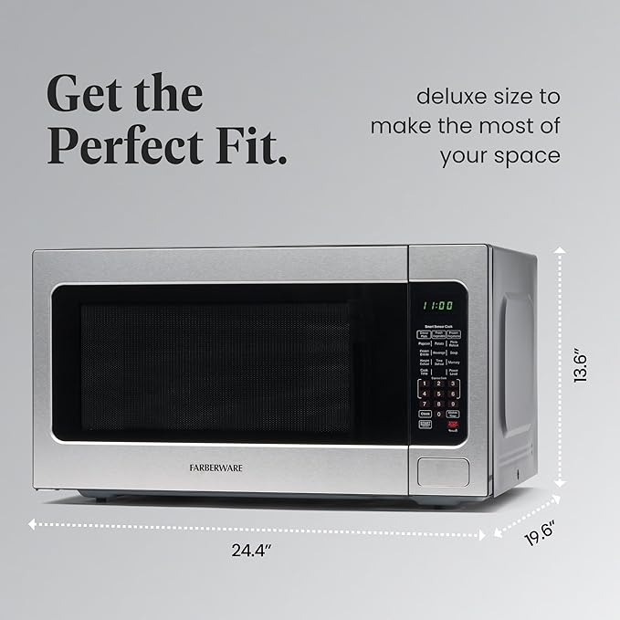 Farberware 2.2 Cu. Ft. Countertop Microwave Oven – 1100 Watts Power, Smart Sensor Auto Cook Settings, Defrost, Easy Clean and Child Safety Lock - Stainless