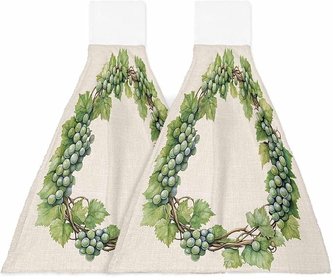 Alandar Home Kitchen Tie Towel Set of 2, Spring Green Grapes Vine on Beige Linen Absorbent Soft Hand Towels for Bathroom Hanging Towels, Pastoral Botanical Fast Drying Cleaning Cloth with Loop