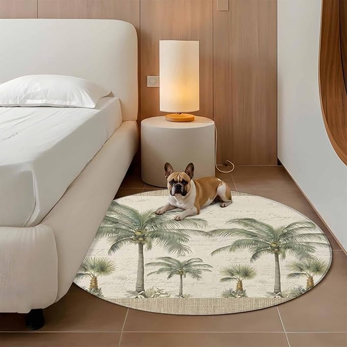 Washable Round Area Rug Coastal Tropical Olive Green Palm Trees Circle Rugs Floor Carpet for Living Room Bedroom, Classic Retro Linen Soft Non Slip Round Rug 3ft