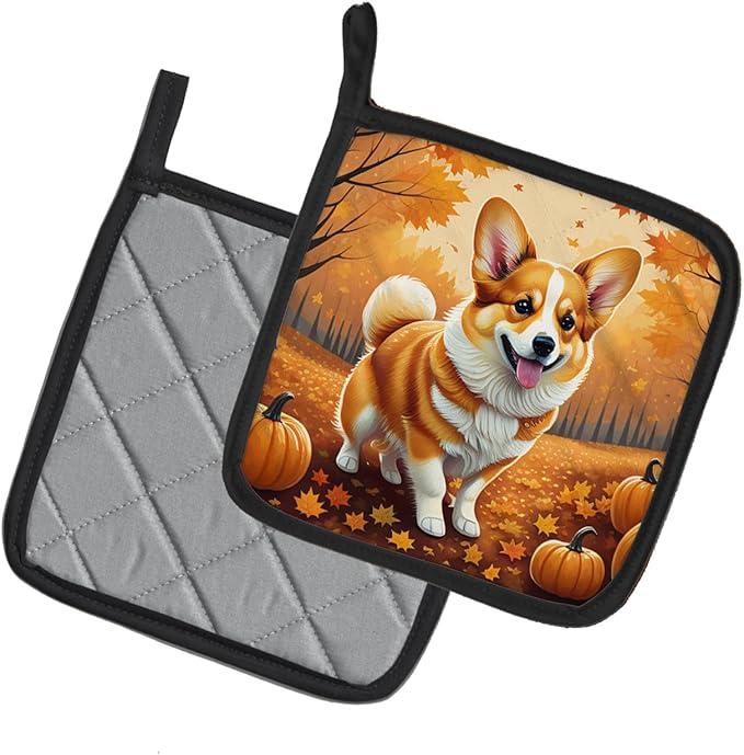 Caroline's Treasures DAC1040PTHD Corgi Fall Pair of Pot Holders Kitchen Heat Resistant Pot Holders Sets Oven Hot Pads for Cooking Baking BBQ, 7 1/2 x 7 1/2