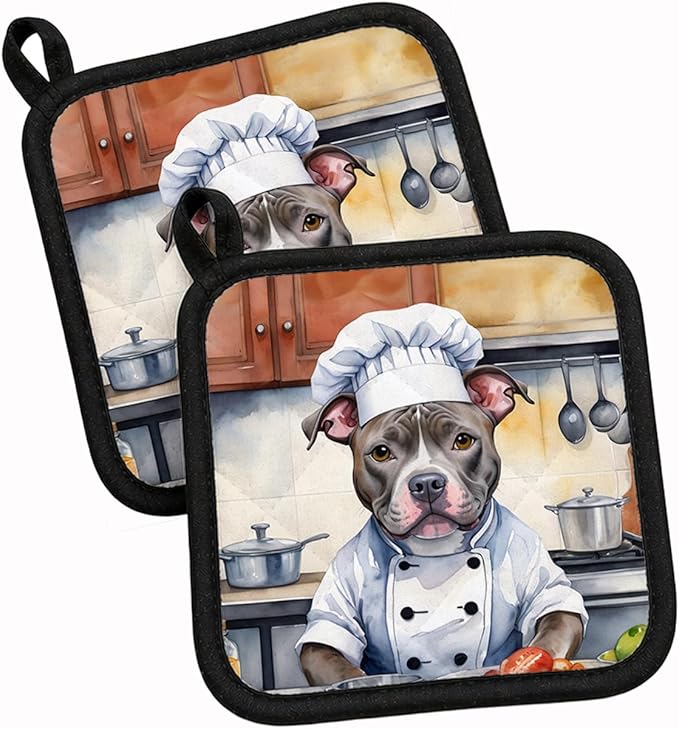 Caroline's Treasures Pit Bull Terrier The Chef Pair of Pot Holders Kitchen Heat Resistant Pot Holders Sets Oven Hot Pads for Cooking Baking BBQ, 7 1/2 x 7 1/2