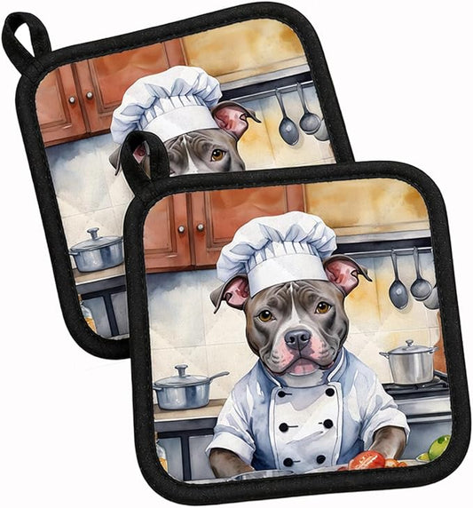 Caroline's Treasures Pit Bull Terrier The Chef Pair of Pot Holders Kitchen Heat Resistant Pot Holders Sets Oven Hot Pads for Cooking Baking BBQ, 7 1/2 x 7 1/2