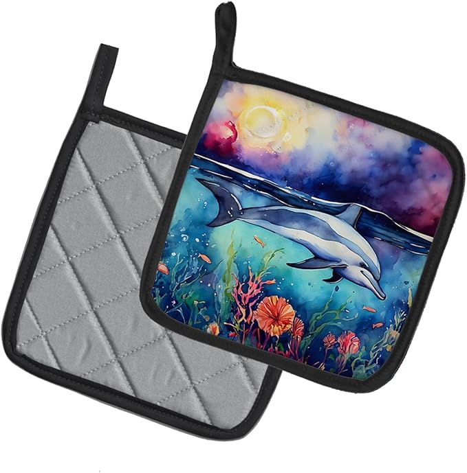 Caroline's Treasures Dolphin Pair of Pot Holders Kitchen Heat Resistant Pot Holders Sets Oven Hot Pads for Cooking Baking BBQ, 7 1/2 x 7 1/2