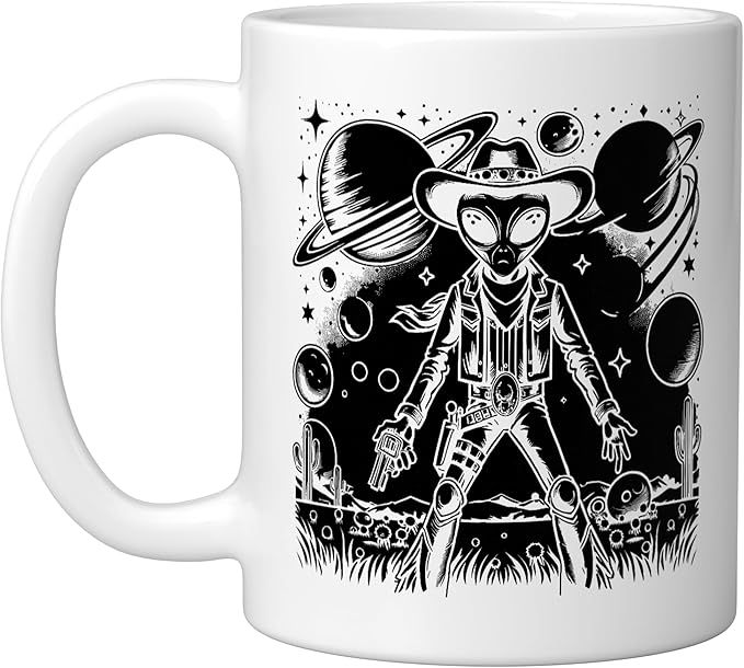 Alien Lover Flying Saucer UFO Extraterrestrial Cowboy Ceramic Mug, White