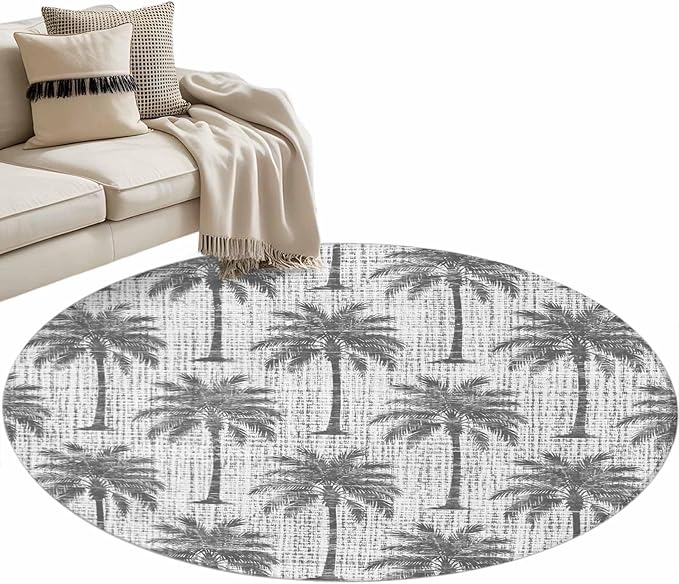 Washable Round Area Rug Summer Palm Tree Retro Linen Circle Rugs Floor Carpet for Living Room Bedroom, Tropical Gray Botanical Soft Non Slip Round Rug 3ft