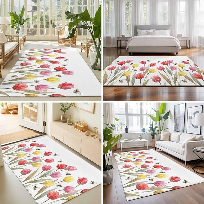Area Rug 9x12ft, Red Pink Yellow Tulips Bees Washable Rugs for Living Room Bedroom Rectangle Floor Carpet, Watercolor Flower Leaves Soft Non-Slip Area Rugs for Dining Room