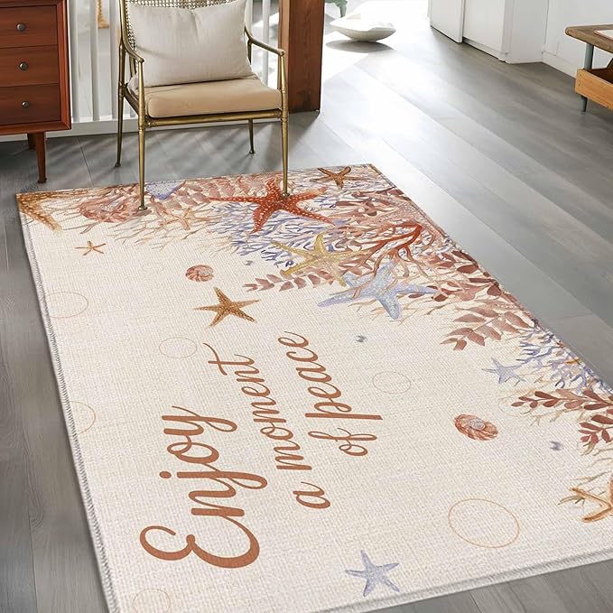 Area Rug 4x6ft, Orange Marine Starfish Coral Seaweed Washable Rugs for Living Room Bedroom, Peace Quote on Linen Soft Non-Slip Area Rugs Rectangle Floor Carpet for Dining Room