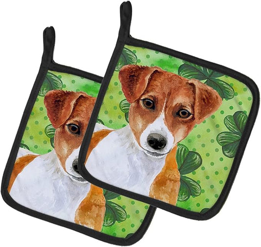 Caroline's Treasures BB9863PTHD Jack Russell Terrier St Patrick's Pair of Pot Holders, Green Kitchen Heat Resistant Pot Holders Sets Oven Hot Pads for Cooking Baking BBQ, 7 1/2 x 7 1/2
