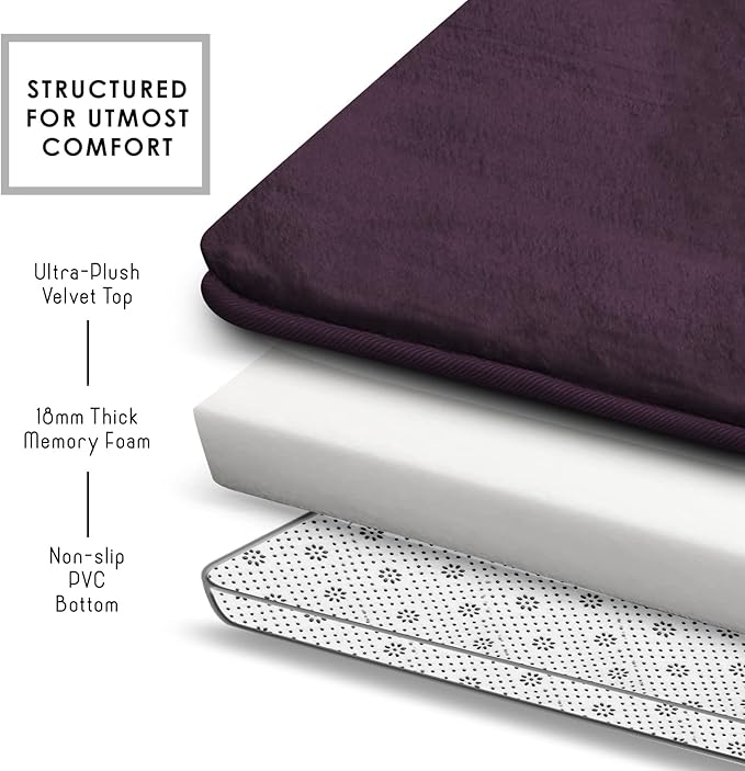 Clara Clark 3 Piece Bathroom Rugs Bath Mat Set, Velvet Memory Foam Bath Mats for Bathroom - Non-Slip, PVC Backing Bath Rugs, Washable - Dries Quickly, Purple