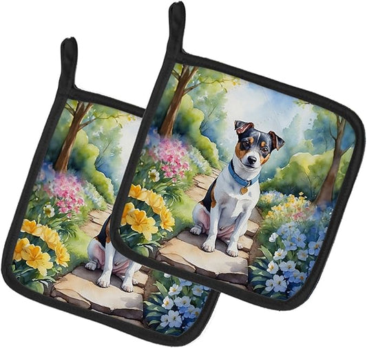 Caroline's Treasures Jack Russell Terrier Spring Path Pair of Pot Holders Kitchen Heat Resistant Pot Holders Sets Oven Hot Pads for Cooking Baking BBQ, 7 1/2 x 7 1/2