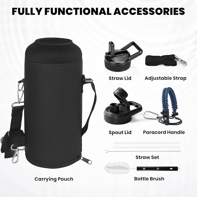 RAYMYLO Insulated Water Bottle 87 oz, Triple Wall Vacuum Stainless Steel (Cold for 48 Hrs), Leak Proof & Non-BPA, Modern Water Flask Jug with Paracord Handle & Straw Spout Lids, Navy Blue