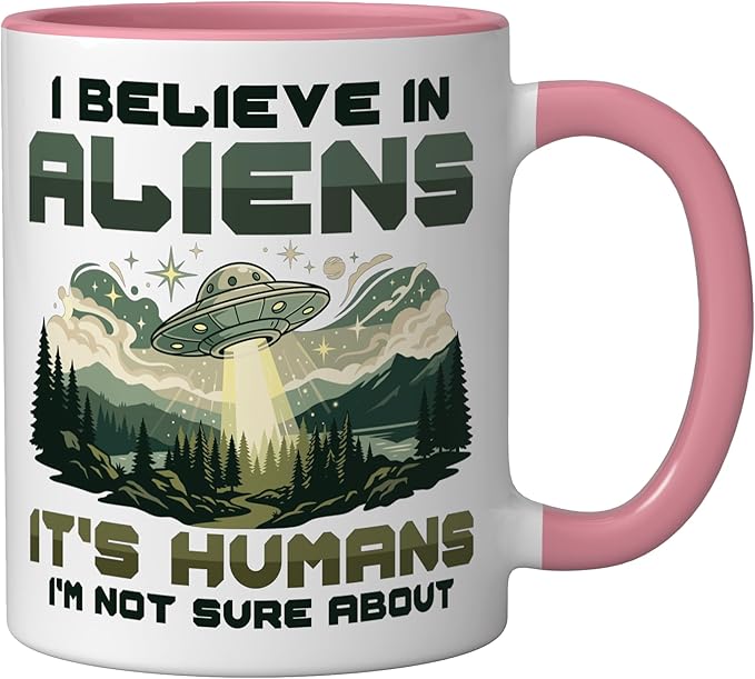 Alien Believer UFO Extraterrestrial Space Lover Ceramic Mug, Pink/White