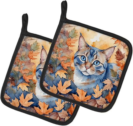 Caroline's Treasures Ojos Azules Cat in Fall Leaves Pair of Pot Holders Kitchen Heat Resistant Pot Holders Sets Oven Hot Pads for Cooking Baking BBQ, 7 1/2 x 7 1/2