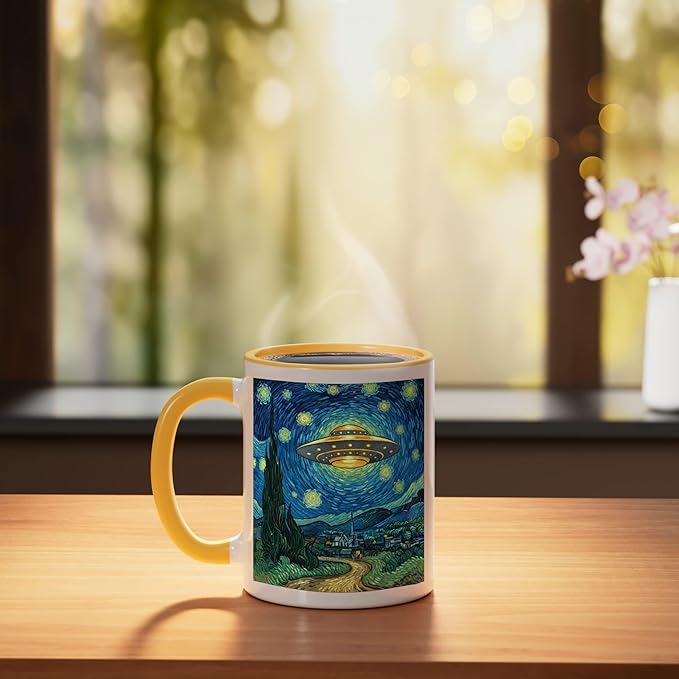 Ufo Over Starry Night Van Gogh Style Sci Fi Saucer Art Ceramic Mug, Yellow/White