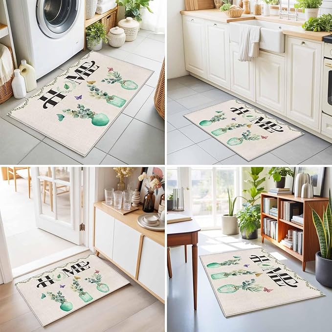 Area Rug 2x3ft, Rustic Home Text Eucalyptus Leaf Washable Rugs for Living Room Bedroom, Farmhouse Butterfly Retro Linen Soft Non-Slip Area Rugs Rectangle Floor Carpet for Dining Room