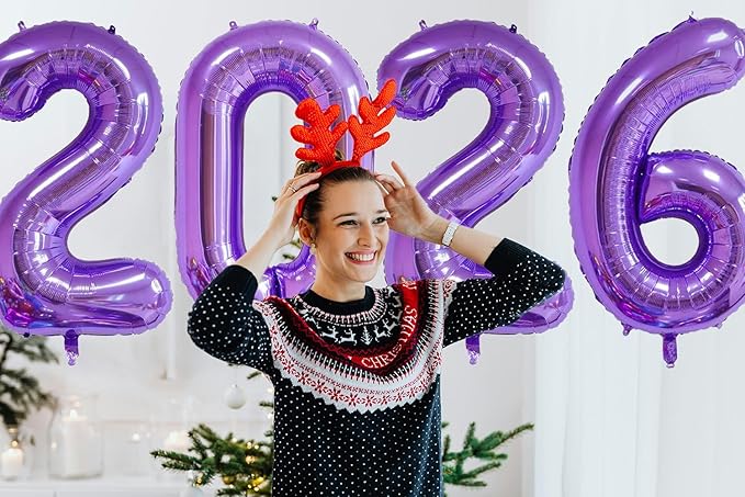 Huge Purple 2026 New Year Balloons 40 Inch 2026 Purple Mylar Foil Helium Number Balloons 2026 Christmas New Year Eve Graduation Party Decorations Supplies