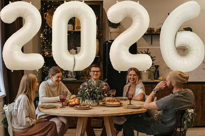 Huge Cream White 2026 New Year Balloons 40 Inch 2026 Matte Nude White Mylar Foil Helium Number Balloons 2026 Christmas New Year Eve Graduation Party Decorations Supplies