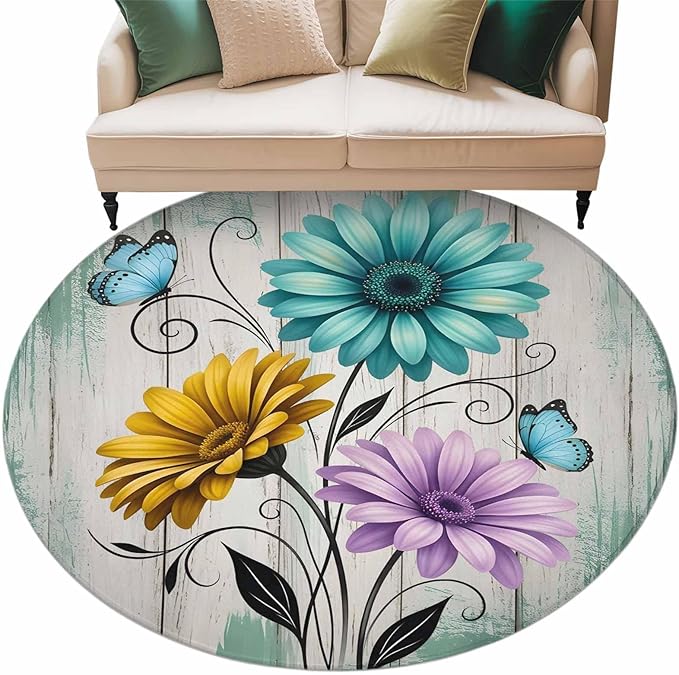 Washable Round Area Rug Farm Flower Daisy Retro Wood Barn Circle Rugs Floor Carpet for Living Room Bedroom, Blossom Flower Butterfly Soft Non Slip Round Rug 5ft