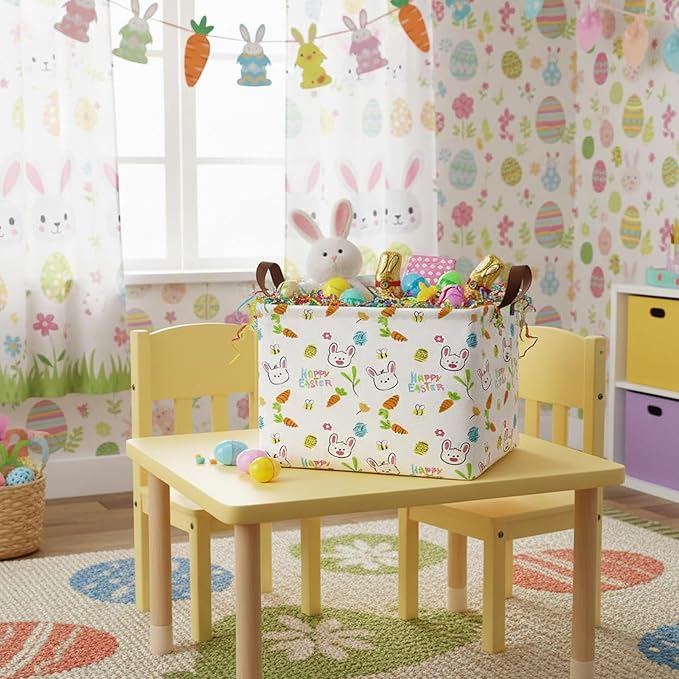 Large Rectangular Cute Kid Easter Basket Empty Bunny Eggs Easter Basket Gift Spring Room Storage Organizer Décor (E-12)