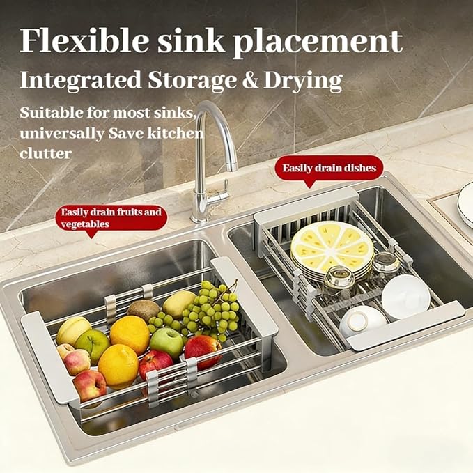 Extend Kitchen Sink Drain Basket, Adjustable Stainless Steel Drying Rack, Extender Basket for Vegetables Fruits and Dishes, Space-Saving Solution for Fruit Vegetable (Black,Large)