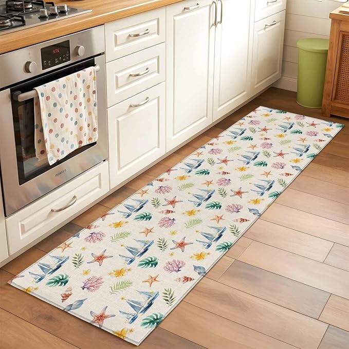 Runner Rug for Bedroom Hallway, Summer Sea Starfish Sailboat Kitchen Runner Rugs Area Rug 2x6ft, Marine Life Coral on Linen Washable Soft Floor Carpet for Entryway Stair