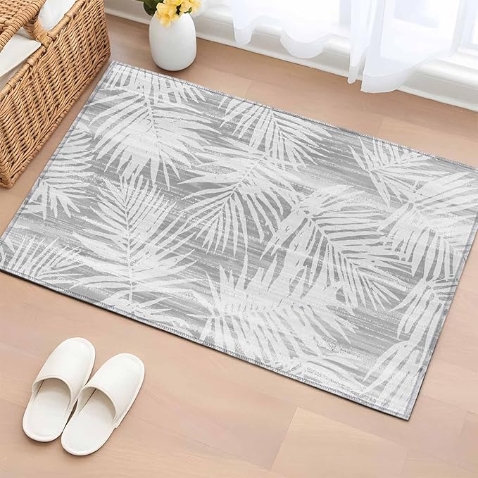 Area Rug 2x3ft, Modern Gray Palm Leaves Washable Rugs for Living Room Bedroom, Boho Tropical Leaves Soft Non-Slip Area Rugs Rectangle Floor Carpet for Dining Room